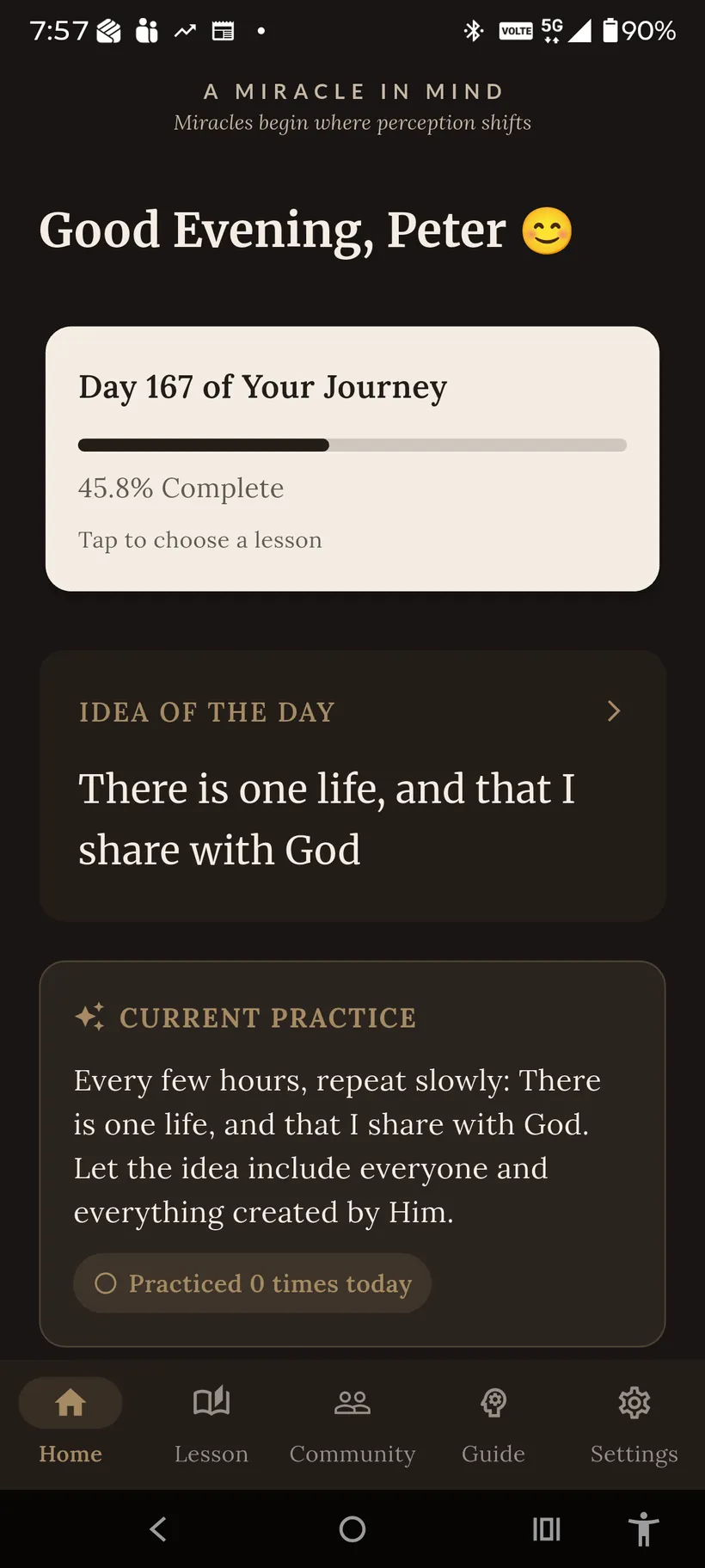 A Miracle In Mind app — daily dashboard on a phone